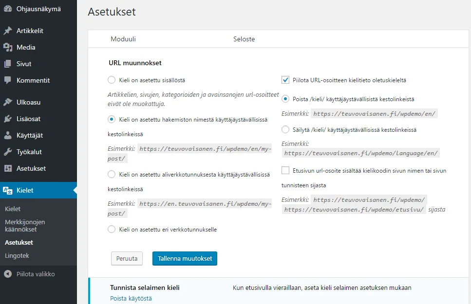 Polylang URL asetukset
