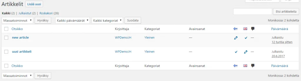 Polylang sivujen ja artikkelien ylläpidossa