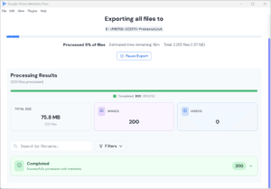 Google Takeout Metadata Fixer - kuvien prosessointi käynnissä