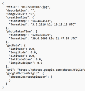 Esimerkki JSON-tiedoston sisällöstä